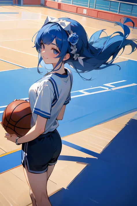 blue rose girl, rose on hair, hair accessories, adult, teacher, pe teacher, pe, blue hair, hd, ultra quality, wide angle, long shot, looking away, detailed eyes, smiling, happy, gymnasium, basketball court.