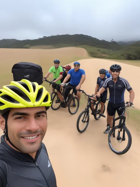 Several people on bicycles are posing for a photo in a field, album photo, Viagem de bicicleta Hoffman, touring, por Romain brook, tirado no iphone 14 pro, ciclismo!!, tirado no iphone 1 3 pro, round about to start, divertindo-se, Directed by: Felipe Seade...