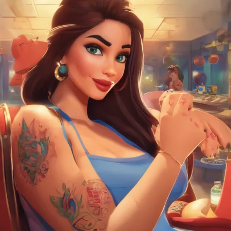 create a 3D movie poster inspired by Disney Pixar, The scene should be in Pixars signature digital art style, com uma imagem caricatural que lembra a cantora brasileira "Anita" in the prone position, Wearing a bikini while a tattoo artist is sitting tattoo...