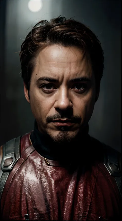 A portrait of Robert Downey jr, eyes focus on camera, 4K, very high detailed, dark background