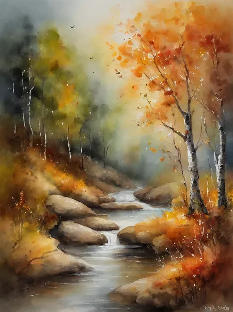 Watercolor painting depicting the song 4 seasons of the year (inverno,outono, Summer & Spring)  do compositor Vivaldi: : trending on ArtStation: : Simple composition creates a sense of order and harmony. A pintura captura as qualidades espirituais do mundo...