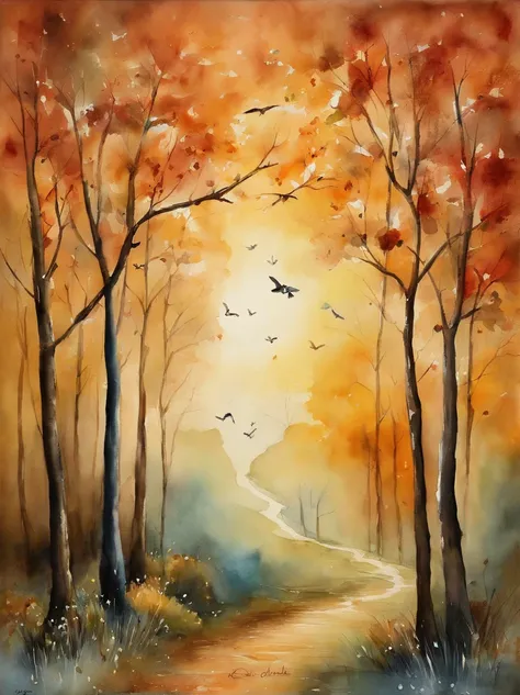 Watercolor painting depicting the song 4 seasons of the year (inverno,outono, 夏天 & primavera)  do compositor Vivaldi: : trending on ArtStation: : Simple composition creates a sense of order and harmony. A pintura captura as qualidades espirituais do mundo ...