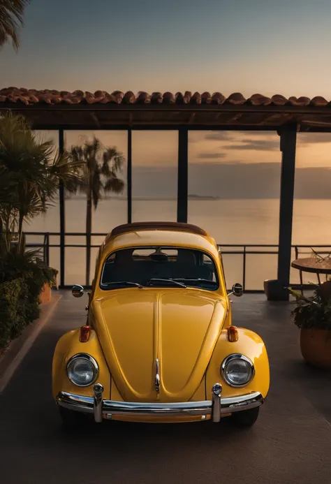 Um filme inspirado na Disney Pixar (cidade de fusca) dentro A cena deve estar um fusca amarelo com uma senhora de cabelo castanho nos ombros, de blusa de frio vermelha sorrindo olhando pra fora e um menino de 8 anos sentado ao lado com camisa amarela do br...