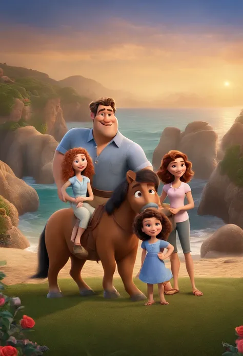 a Disney Pixar movie poster showing a white-skinned family. The father is the tallest, Tem barba curta, loiro, cabelos curtos e espinhosos. The mother has brown eyes and hair, shoulder-length and is slightly overweight. A menina tem 4 anos e cabelos castan...