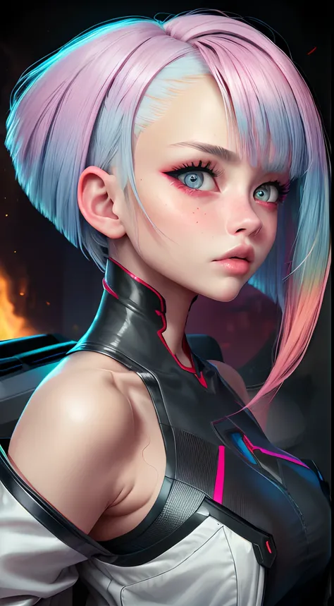 ((hyper realism)), fisheye photo, lucy (cyberpunk), 1girl, (((side view))) perfect model face, oval face, sharp chin, sharp small nose, glossy nose tip, glossy blush cheeks, (((emberressed blushing face expression))), ((eye bags)), bangs, cleavage, blue ha...