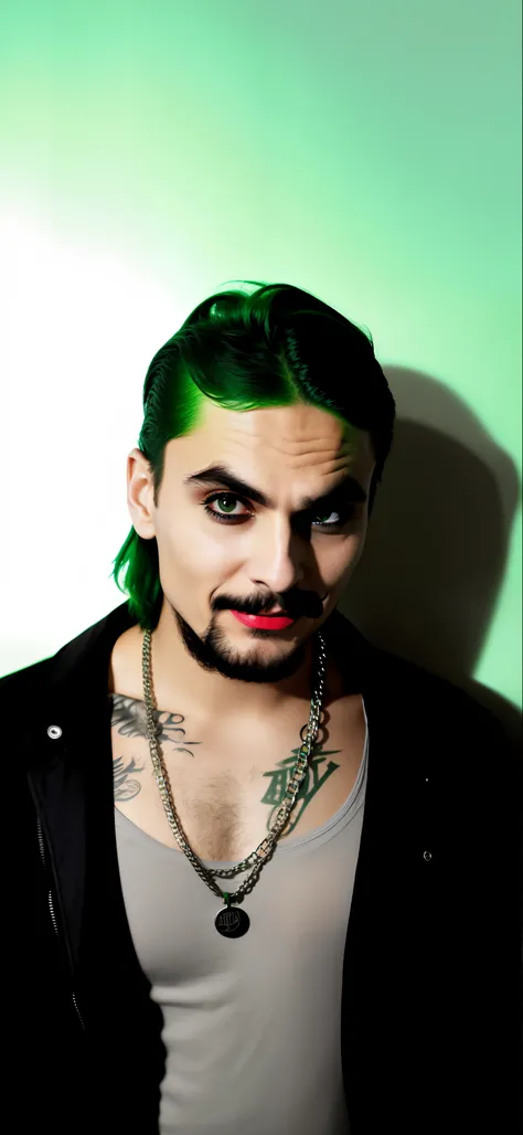 Green-haired man in a black jacket with a chain around his neck, Ben Shapiro como o Coringa, maquiagem coringa, como o coringa, imagem de perfil, inspirado em James Bolivar Manson, Foto de perfil, remarkable joker make up, estilo Jared Leto