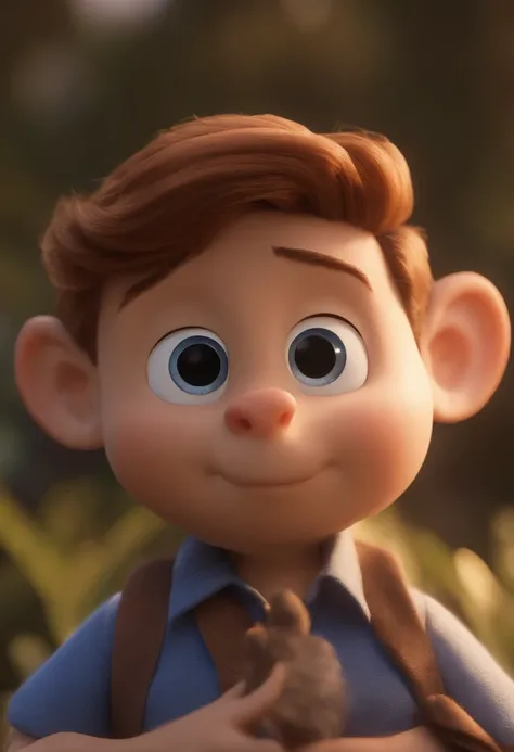 Garoto, estilo disney, tom de pele: claro:  Cabelo: marrom escuro, liso, curto, penteado para o lado direito. camisa: social, Cor azul. Fundo: Gray and white gradient,Comemorando, Hands raised, sorrindo, feliz, (estilo pixar) (obra-prima:1.2) (bokeh) (melh...