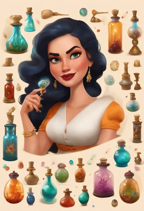 A collector of ideas inspired by Pixar animation, de perto. She is surrounded by a collection of magic vials, each containing a unique idea. The focus is on the character, with a captivating facial expression, Against a backdrop of shimmering, cores eferve...