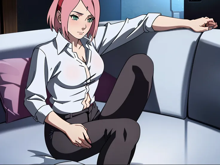 1 rapariga,Sexy body,Perfect body,Very tight clothes,Shows a lot of skins,Sexy Wear,,,Stand in the room,Sakura Haruno,red hairband, Evening ((White shirt)),Black jeans,Hot, Big breasts, Front view, Sitting, Bedroom, sitting in the couch，((Unbuttoning a shi...