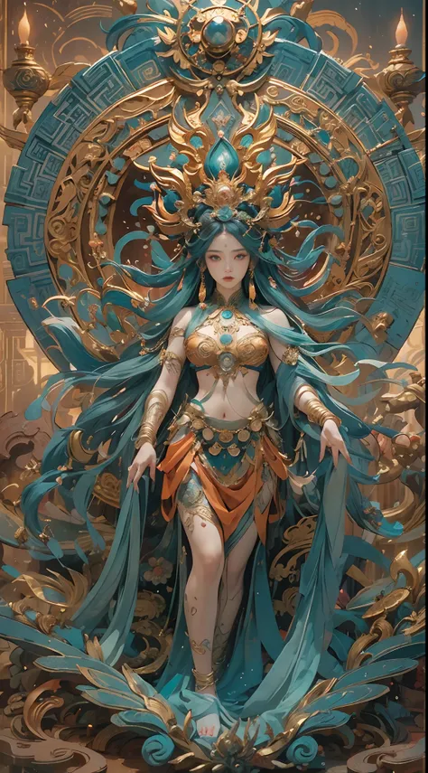 Depict an ancient goddess of creation，Nu wa，She is the goddess of creation in Chinese mythology。It is a great goddess image handed down from the matriarchal clan period of primitive society。Deep background，absurderes，Fantastic and incredible，Epic compositi...