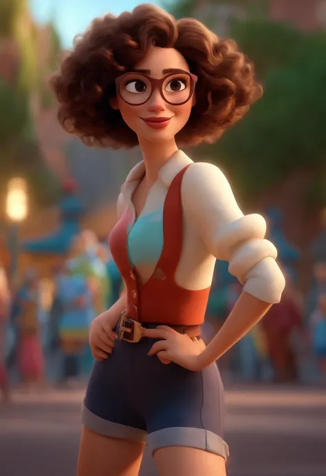 Pixar style image with 3D character white glasses brunette woman short curly hair dancing, Maquiagem Disney,fofo, adolable, sorridente ,Close-up, Pixar, Disney, Cinema lighting,