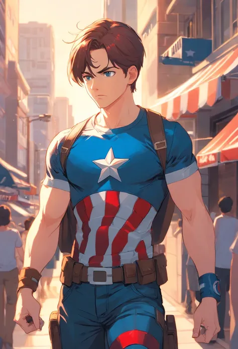 "A detailed illustration of Captain America wearing a t-shirt, Olhando para o horizonte."