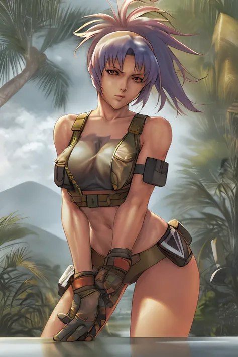 Best quality, masterpiece, naked, serious, sexy pose, Cammo, Sun, hot, dessert, wetting, water,tactical vest, neckline, warfare, leona from the king of fighters, anime, wild.