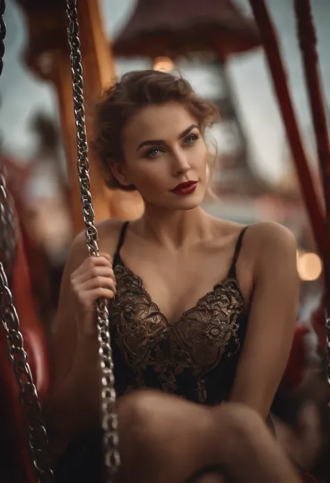 Medium shot, looking at the viewer, Female model sitting on a moulin rouge style swing(building: 1. 1), (8k, RAW photo, best quality, depth of field, ultra high resolution: 1. 2), (absurd, intricate, photorealistic, masterpiece, ultra-detailed: 1.3)