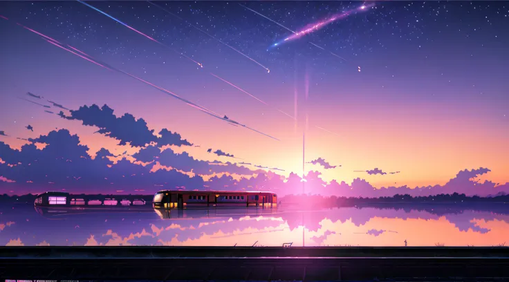 anime scene of a train passing under a pink and purple sky, beautiful anime scene, cosmic skies. by makoto shinkai, ( ( makoto shinkai ) ), by makoto shinkai, by Makoto Shinkai, anime background art, style of makoto shinkai, makoto shinkai. —h 2160, mokoto...