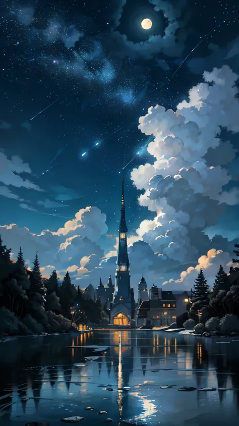 A painting of a river with stars and moon in the sky，The concept art was inspired by Tosa Mitsuoki，Pixiv competition winner，best qualtiy，Fantasyart，beautiful anime scenes，Ice Age，A bright moon，Starry sky environment in moonlight，Dream painting，Anime backgr...