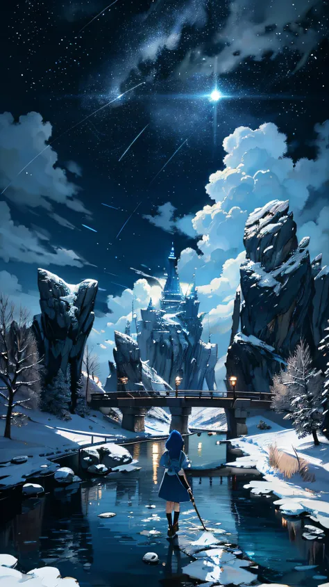 A painting of a river with stars and moon in the sky，The concept art was inspired by Tosa Mitsuoki，Pixiv competition winner，best qualtiy，Fantasyart，beautiful anime scenes，Ice Age，A bright moon，Starry sky environment in moonlight，Dream painting，Anime backgr...