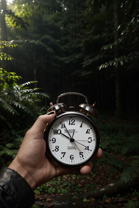 holding alarm clock right in the rain, in a forest, dramatic photo