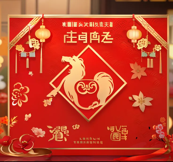 Lunar New Year greetings displayed in the store, inspired by Park Hua, inspired by Cao Buxing, Wang Chen, Chiba Yuda, Chinese tradition, Chinese New Year in Shanghai, Chinese traditional, Chinese style, nanquan, G Liulian art style, code, 🐎🍑