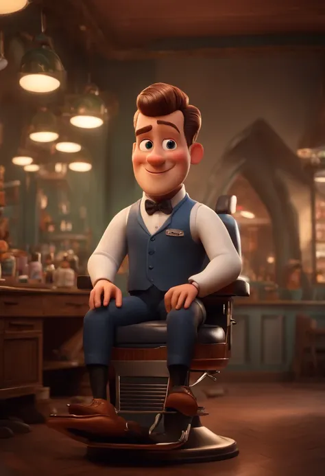 A Dream Barber Inspired by Pixar Animation, de perto. The character takes center stage with captivating facial expressions, oferecendo um toque de irrealidade, Cabelo curto e gordinho gradiente