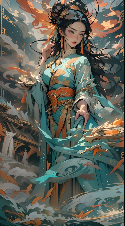 Describe a mythical story of Nuwa mending the sky，Chinese mythology and stories，She smelted the five-colored stones to mend the heavens；Stopped the monstrous floods。Deep background，absurderes，Fantastic and incredible，Epic composition，(Complicated details，H...