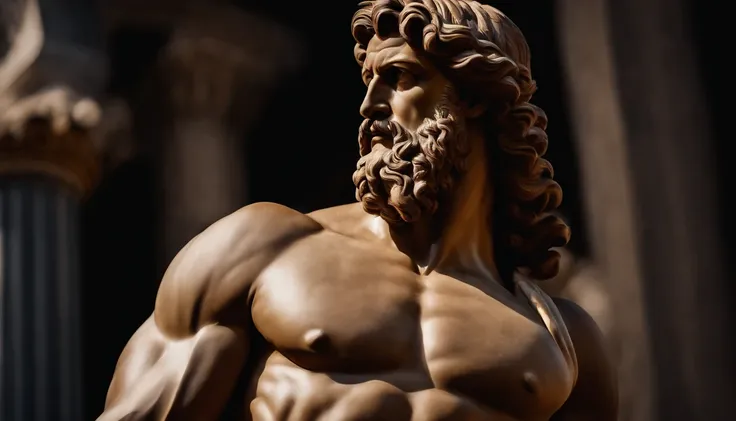 Greek statue resembling Hercules, Close-up, 8k, fundo preto