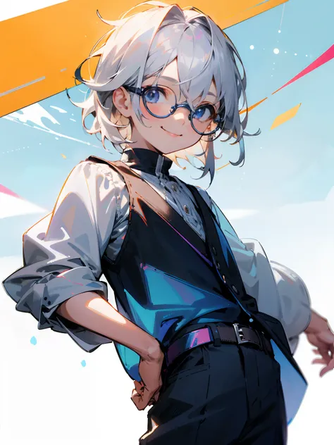 (Male child, eye glasses,a smile, silber hair)