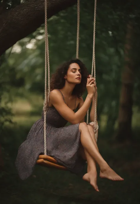 Kodak disposable photograph of a woman sitting on a cloth swing, dreamy mood, 8k, photorealism, modern, minimalism, --ar 4:3