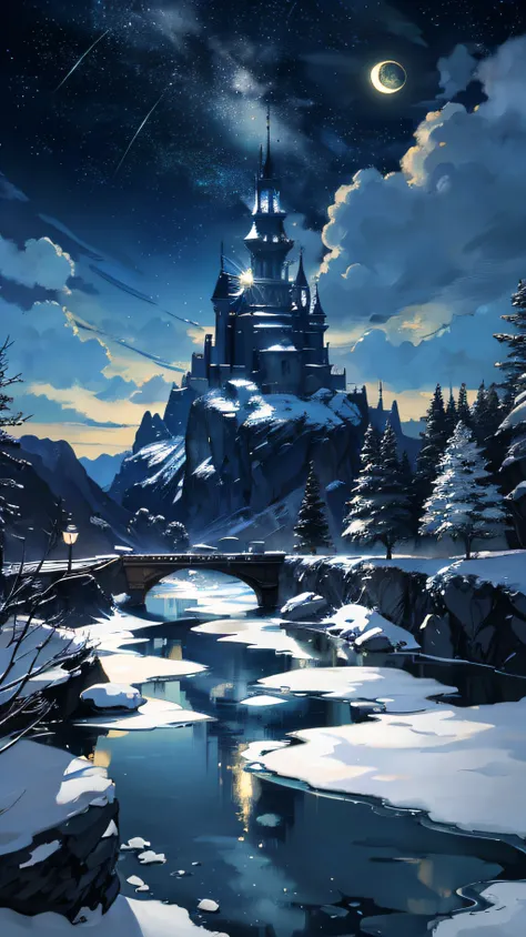 A painting of a river with stars and moon in the sky，The concept art was inspired by Tosa Mitsuoki，Pixiv competition winner，best qualtiy，Fantasyart，beautiful anime scenes，Ice Age，A bright moon，Starry sky environment in moonlight，Dream painting，Anime backgr...