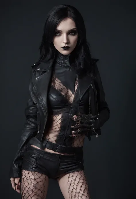 Half body shot of a goth woman in lingerie with leather jacket and fishnet stockings in a dark studio, black make-up, sensual pose, perfect body, ultra detailed, photorealistic, masterpiece.