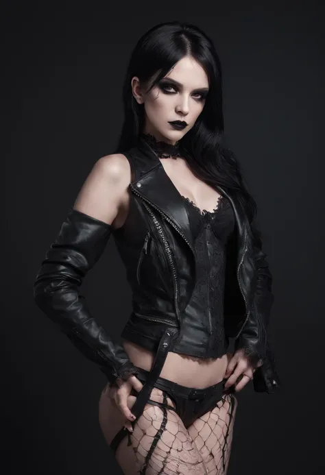 Half body shot of a goth woman in lingerie with leather jacket and fishnet stockings in a dark studio, black make-up, sensual pose, perfect body, ultra detailed, photorealistic, masterpiece.