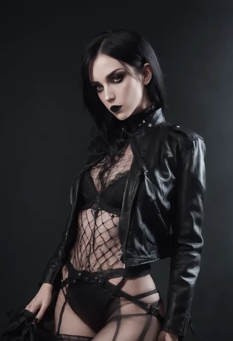 Half body shot of a goth woman in lingerie with leather jacket and fishnet stockings in a dark studio, black make-up, sensual pose, perfect body, ultra detailed, photorealistic, masterpiece.