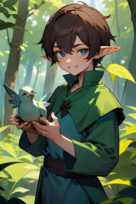 Young elf, boy, pointy ears, shaggy dark brown hair, blue eyes, grinning wide, green tunic, holding a small bird in both hands, in a forest