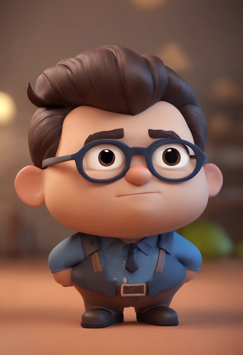 Cartoon character of a man with black glasses, cabelo cacheado marrom escuro e uma camisa azul, animation character, Caractere estilizado, animation style rendering, 3D estilizado, Arnold Maya render, 3 d render stylized, toon render keyshot, Personagem 3D...