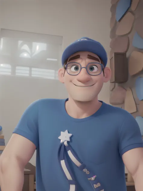 Um homem branco estilo Disney PIXAR,, Wearing a hat and glasses, camisa azul, alta qualidade, melhor qualidade