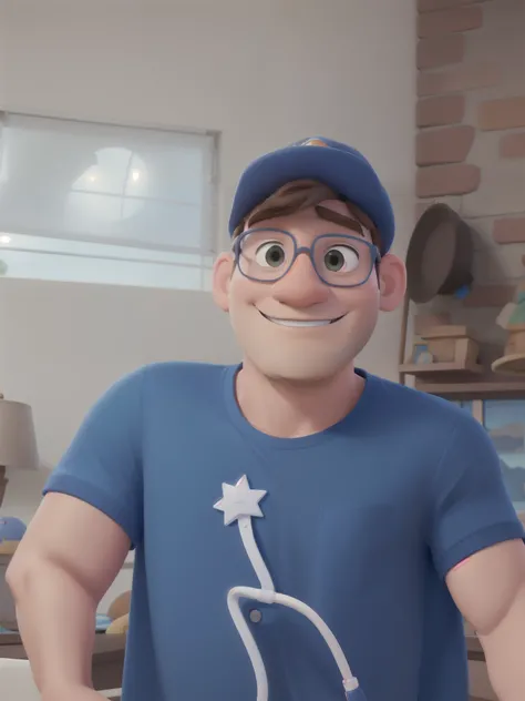 Um homem branco estilo Disney PIXAR,, Wearing a hat and glasses, camisa azul, alta qualidade, melhor qualidade