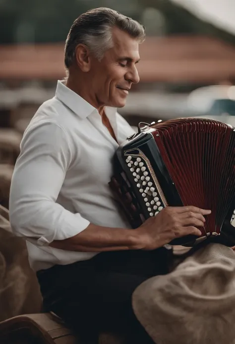 En primer plano, We see a 60-year-old man with an impressive muscle mass that reflects the strength accumulated over the decades. Your accordion becomes an extension of your body, y con cada nota que toca, He conveys the wisdom and experience of a life ded...