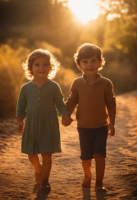 menino: Miguel, aproximadamente 5 anos de idade, cabelo curto estilo Disney, olhos castanhos e sorrisos. garota: Giovana, 2 anos, longos cabelos pretos e olhos azuis. scenecy: Miguel and Giovana are in a cozy little house in the valley, ao fundo um dia ens...