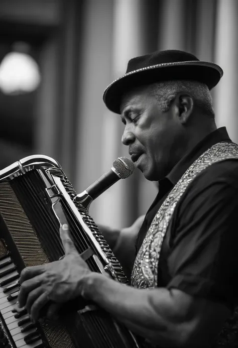 In the foreground, we see a 60-year-old man with impressive muscle mass that reflects the strength accumulated over the decades. His accordion becomes an extension of his body, and with every note he plays, he transmits the wisdom and experience of a life ...