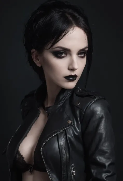 Half body shot of a goth woman in lingerie with leather jacket and fishnet stockings in a dark studio, black make-up, sensual pose, perfect body, ultra detailed, photorealistic, masterpiece.