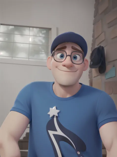 A Serious White Man, estilo Disney PIXAR,, Wearing a hat and glasses, camisa azul, alta qualidade, melhor qualidade