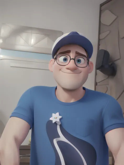 A Serious White Man, estilo Disney PIXAR,, Wearing a hat and glasses, camisa azul, alta qualidade, melhor qualidade