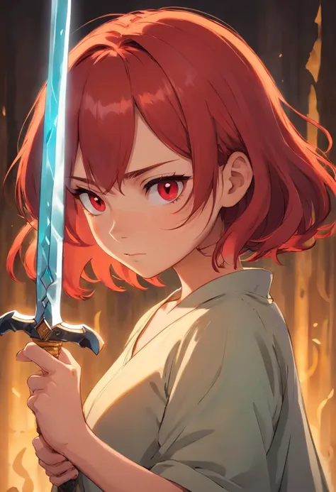 A girl with very short red hair, holding a dagger. Make it a bust and place the dagger somewhere close to her face. Give her rogue like clothing and a scar on her face. Make her mad and smaller eyes.