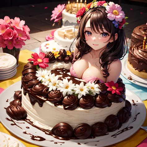 closeup cleavage：The birthday cake，Chocolate cream，Colorful flowers，Flower circle center composition，