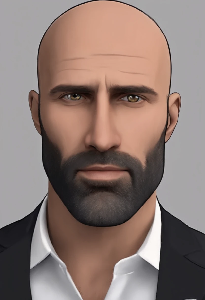 Image of a man for a story in a YouTube video in Pixar format, Hes almost-bald, Tem barba rala, se parece muito com Jason Statham e tem olhar sedutor. Tem 40 anos, But he shows a very young spirit and at the same time he is a very serious and responsible m...