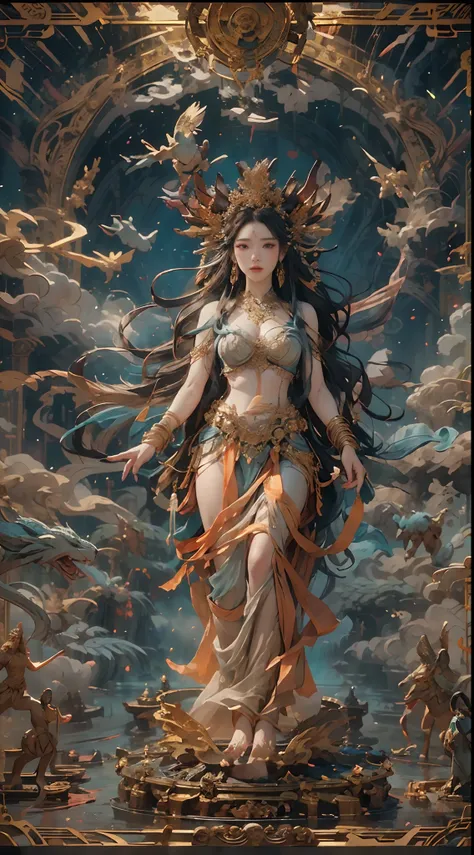 Depict an ancient goddess of creation，Nu wa，She is the goddess of creation in Chinese mythology。This is a great image of the goddess that has been handed down from the matriarchal clan period of primitive society。Deep background，absurderes，Fantastic and in...