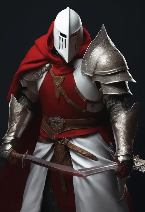 1 male albino knight with long hair, Wearing heavy armor with a red hood、Carrying a long sword