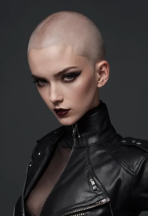 Shaved head woman with piercings dressed in leather jacket and fishnet bodysuit posing for a photo in a dark studio, black make-up, techno aesthetic, ultra detailed, photorealistic, masterpiece.