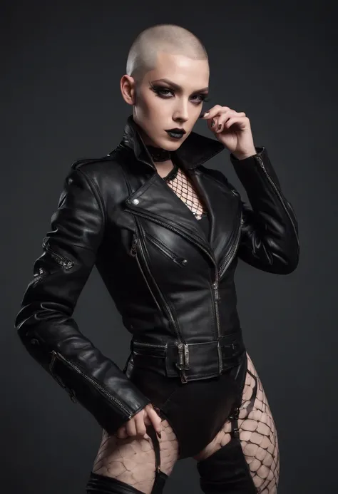 Shaved head woman with piercings dressed in leather jacket and fishnet bodysuit posing for a photo in a dark studio, black make-up, techno aesthetic, ultra detailed, photorealistic, masterpiece.