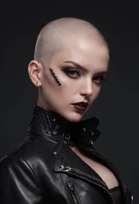 Shaved head woman with piercings dressed in leather jacket and fishnet bodysuit posing for a photo in a dark studio, black make-up, techno aesthetic, ultra detailed, photorealistic, masterpiece.